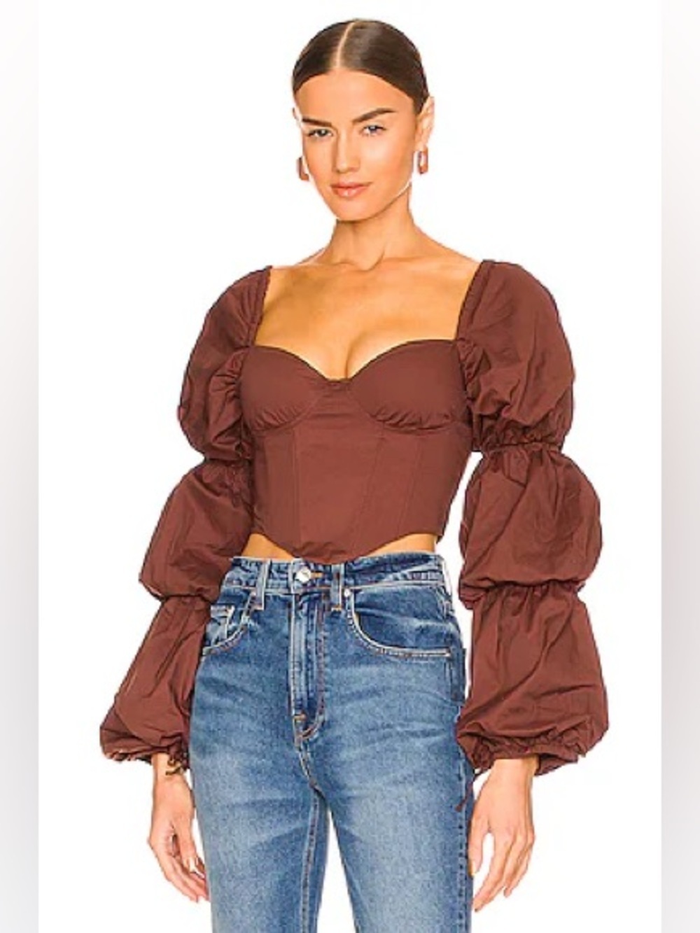 MAJORELLE Tawny Corset Puff Sleeve Top in Brown Size Small